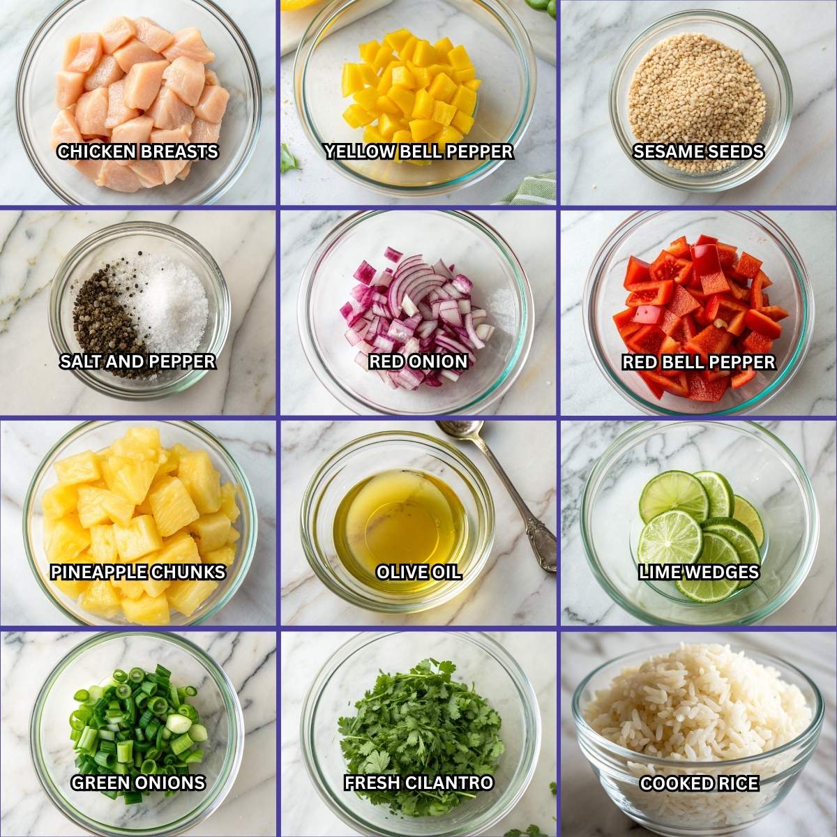 Ingredients for Hawaiian Chicken Sheet Pan, including chicken breasts, bell peppers, pineapple, red onion, and garnish items like cilantro