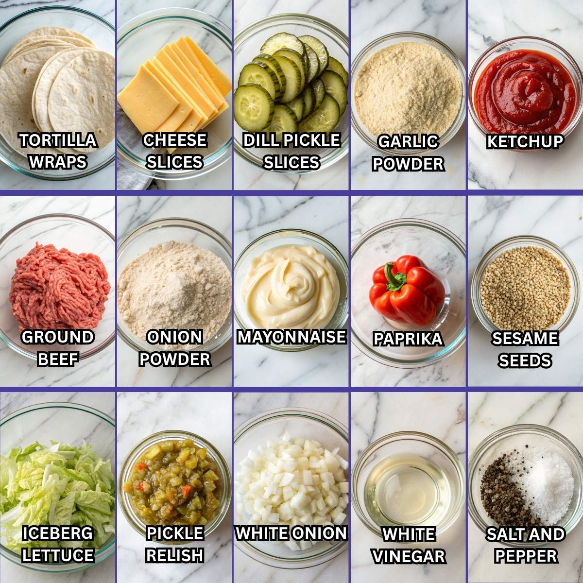 Fresh ingredients for Homemade Big Mac Wraps including ground beef, lettuce, cheese, and Big Mac sauce components, arranged on a marble surface