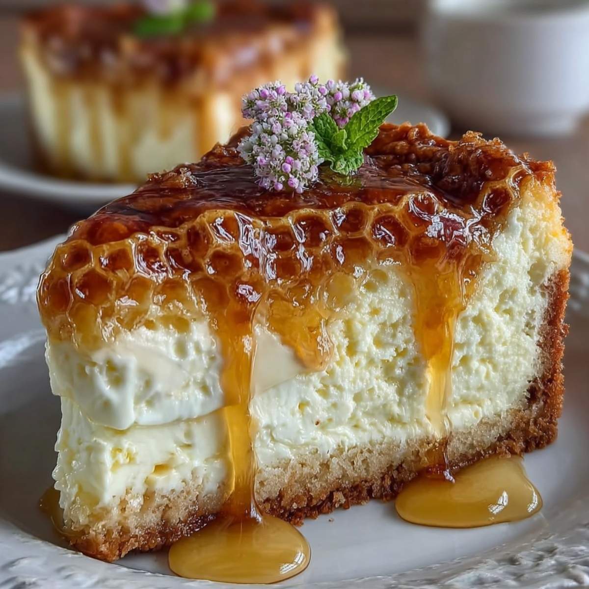 A close-up slice of Honeycomb Cheesecake on a white plate, showcasing a thick layer of honey drizzling over the crunchy honeycomb topping