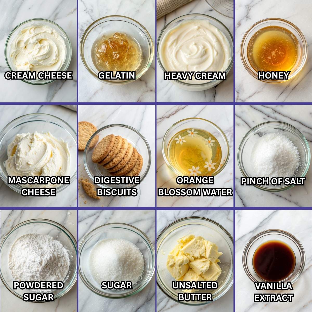 Ingredients for Honeycomb Cheesecake Cake including cream cheese, mascarpone, honey, digestive biscuits, and gelatin