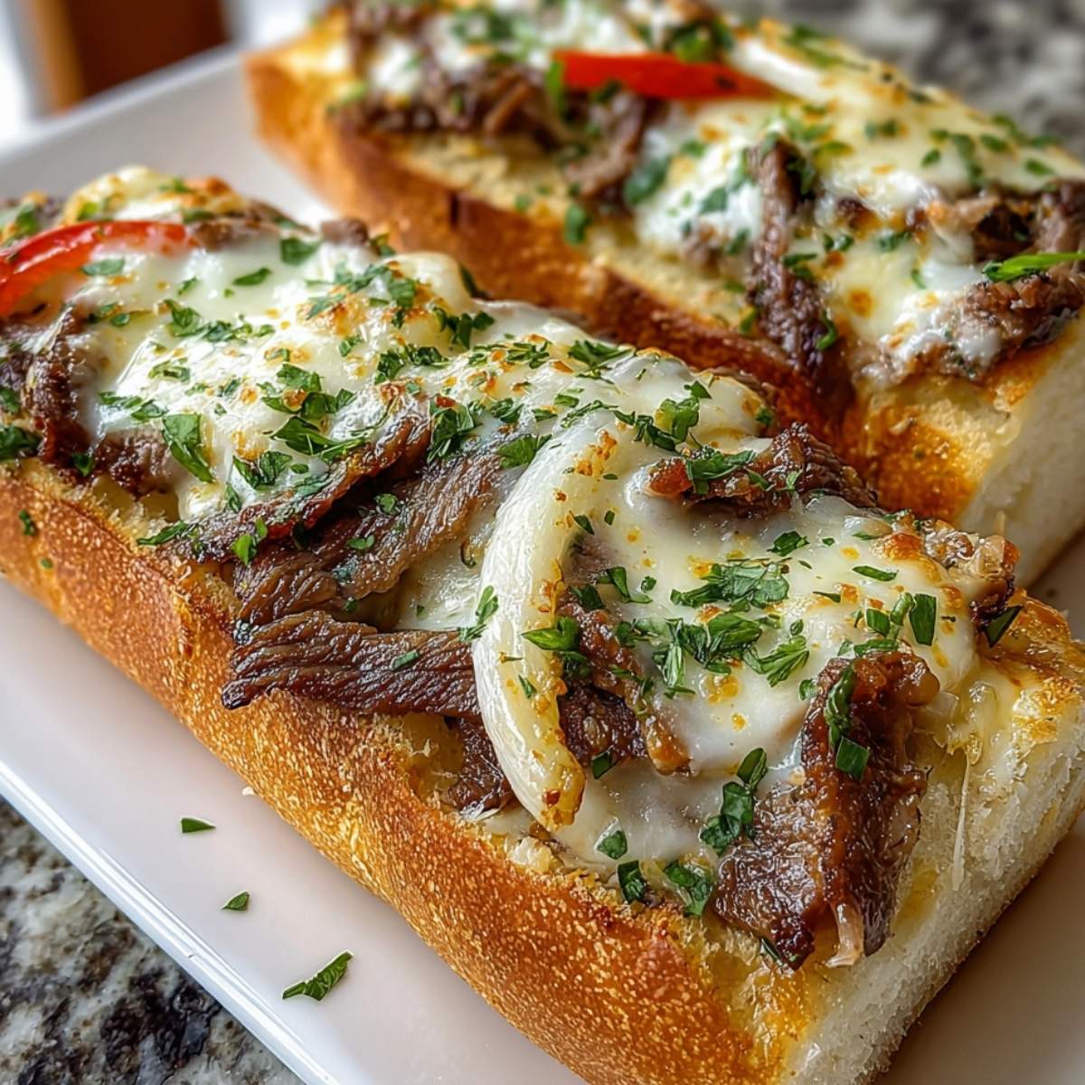 Philly Cheesesteak Garlic Bread on a modern marble countertop, showcasing its gooey melted cheese and visible steak, peppers, and onions