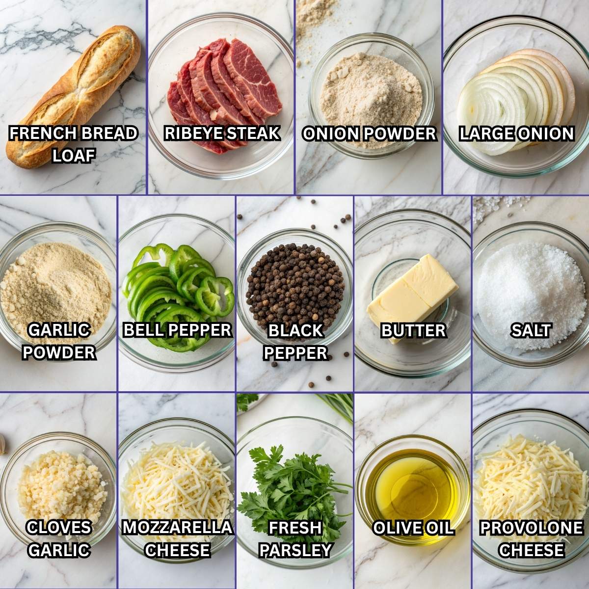 Fresh ingredients for Philly Cheesesteak Garlic Bread including ribeye steak, bell pepper, onion, and provolone cheese arranged on a modern marble surface