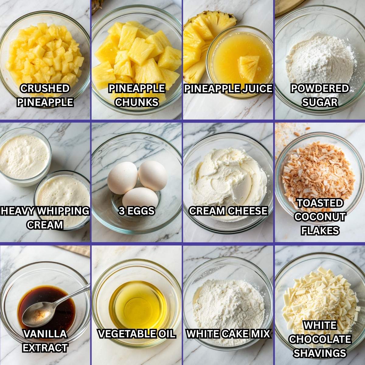 Fresh ingredients for Pineapple Cloud Cake including crushed pineapple, heavy cream, eggs, and white cake mix arranged on a modern marble surface