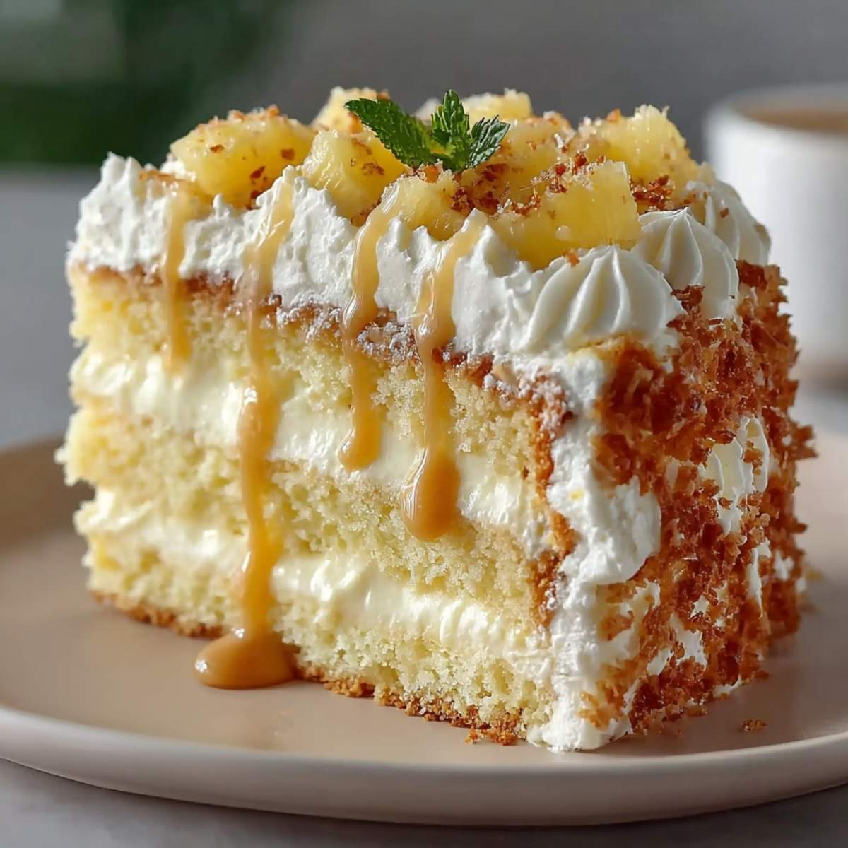 A slice of Pineapple Cloud Cake on a modern marble countertop, showcasing its fluffy whipped cream frosting and juicy pineapple chunks