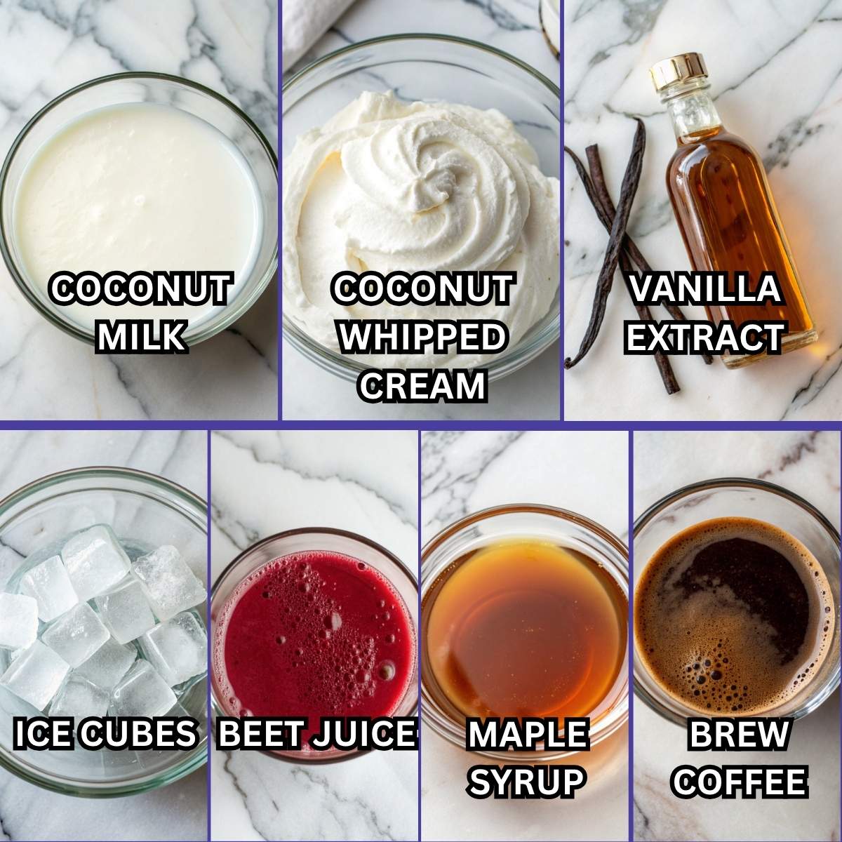 Labeled fresh ingredients for Pink Coconut Iced Latte including coconut milk, cold brew coffee, beet juice, and maple syrup on a marble surface
