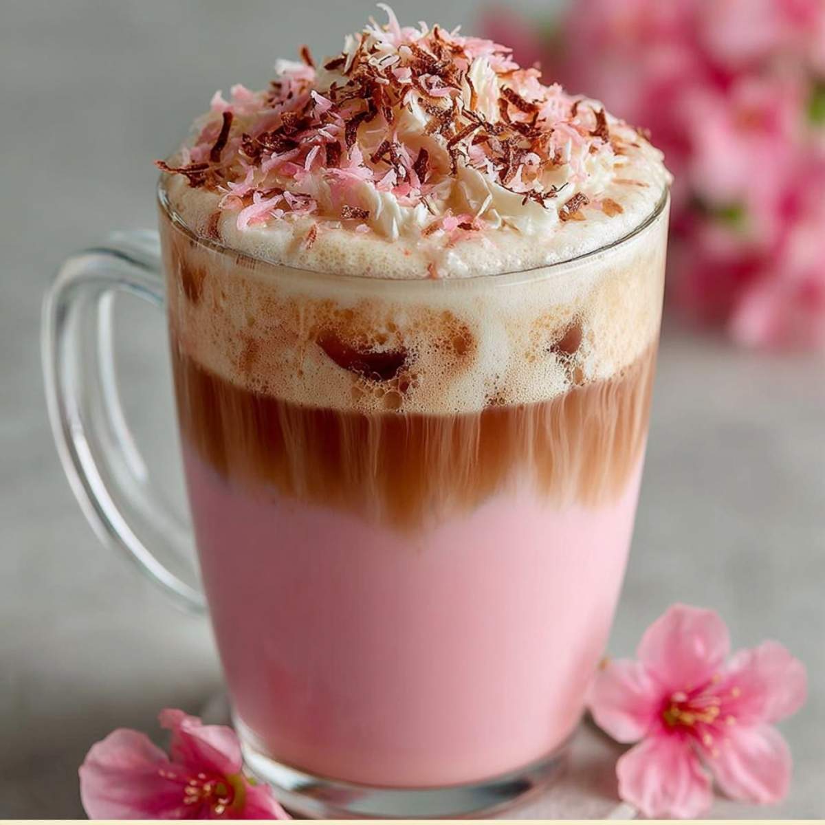 Pink Coconut Iced Latte topped with whipped cream, chocolate shavings, and pink flakes, showcasing its vibrant layered pink and brown colors