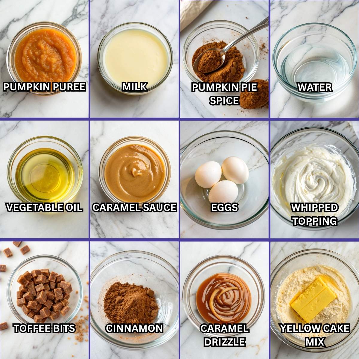 Fresh ingredients for Pumpkin Better Than Any Cake including pumpkin puree, yellow cake mix, and sweetened condensed milk arranged on a modern marble surface
