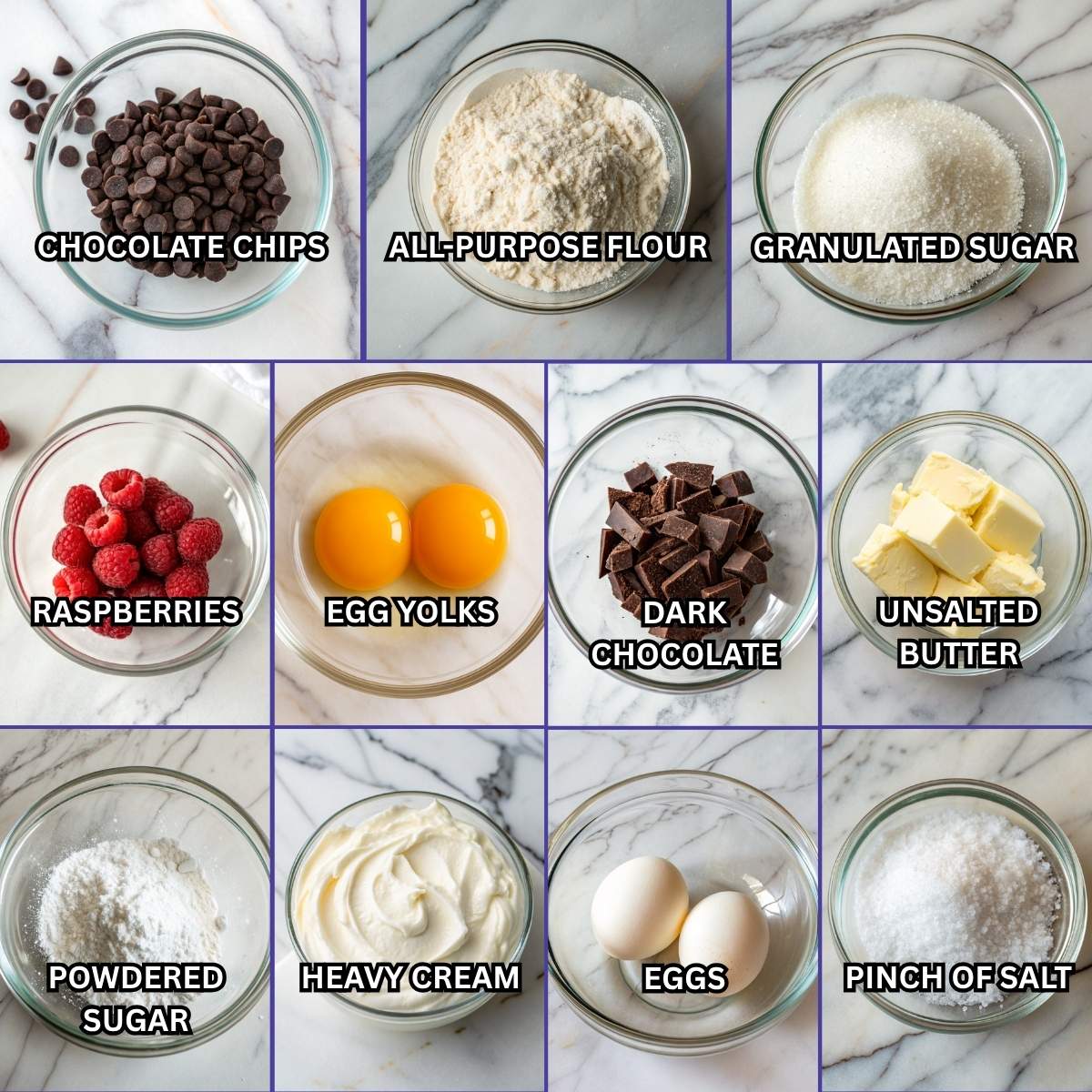 Fresh ingredients for Raspberry Chocolate Lava Cupcakes including dark chocolate, raspberries, eggs, and butter arranged on a modern marble surface
