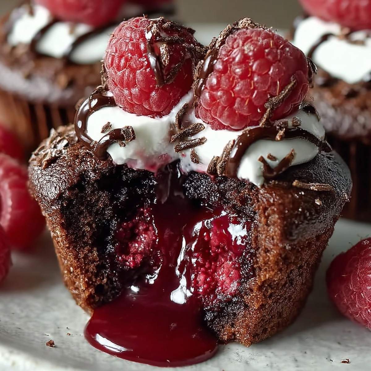 Raspberry Chocolate Lava Cupcake on a modern plate, showcasing its rich, gooey molten center with fresh raspberries and cream on top