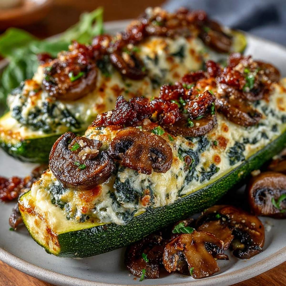 Spinach Mushroom and Ricotta Stuffed Zucchini Boats on a plate, showcasing their golden cheese topping and sautéed mushrooms
