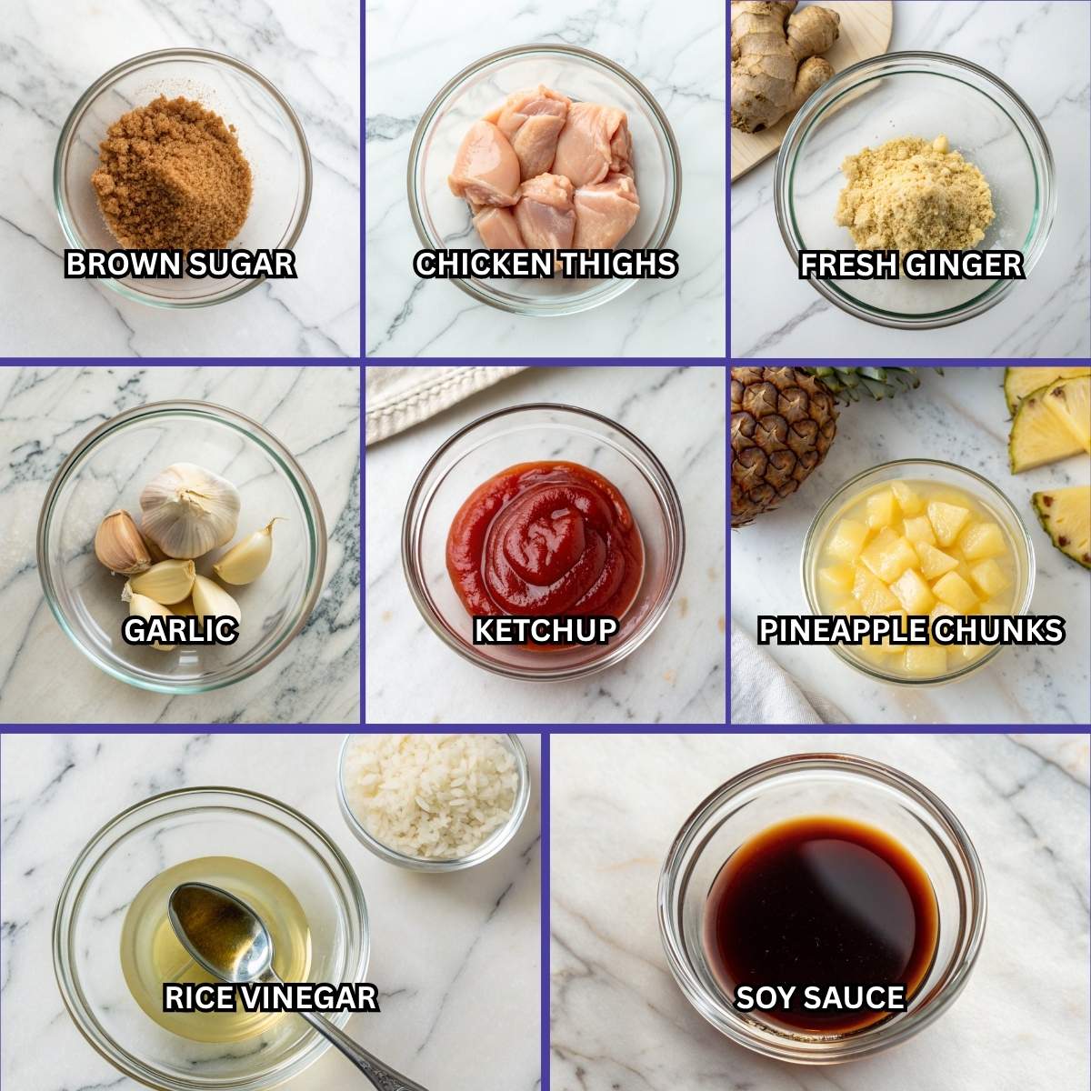 Basic ingredients for Sweet Hawaiian Crockpot Chicken including brown sugar, chicken thighs, and pineapple chunks arranged on a modern marble surface