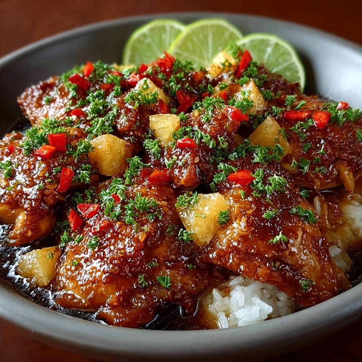 Sweet Hawaiian Crockpot Chicken served over white rice in a modern bowl, showcasing its sticky, glossy glaze with pineapple chunks, red peppers, and fresh parsley