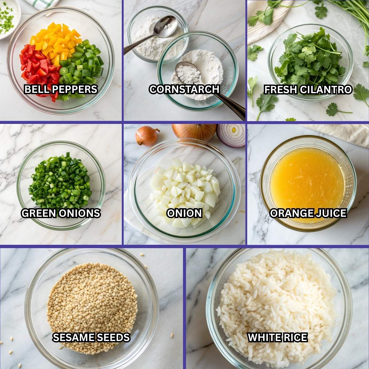 Vegetables, thickening, and serving ingredients for Sweet Hawaiian Crockpot Chicken, including bell peppers, onion, cilantro, and rice