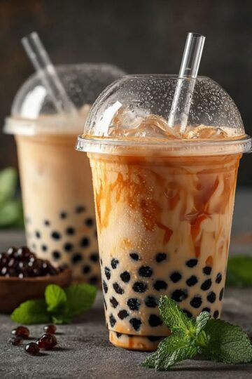 Easy Boba Milk Tea in a clear cup on a modern grey countertop, showcasing its creamy layers and dark tapioca pearls.