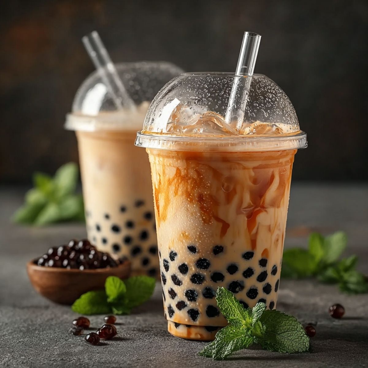 Easy Boba Milk Tea in a clear cup on a modern grey countertop, showcasing its creamy layers and dark tapioca pearls.