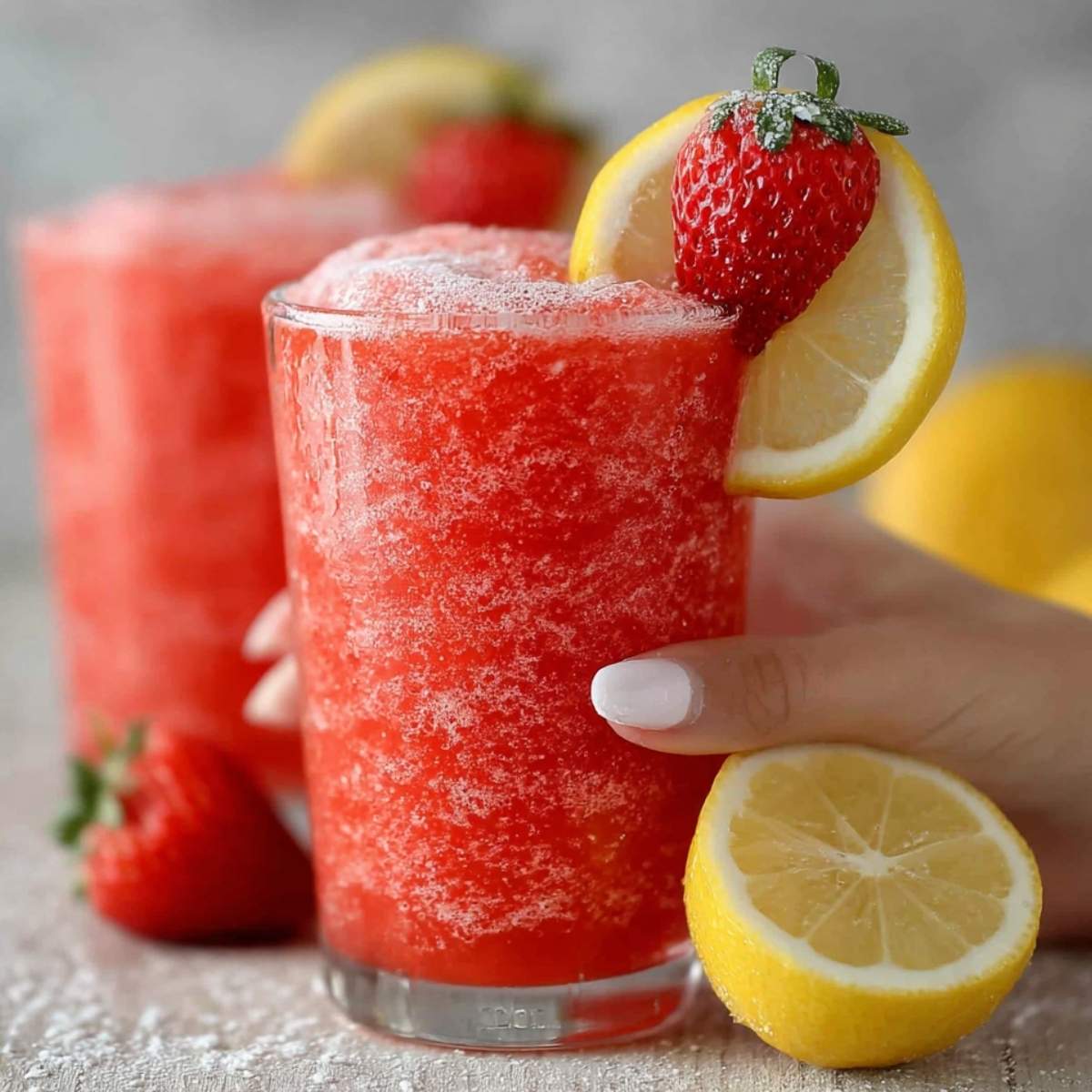 Close-up of Frozen Strawberry Lemonade showing icy slushy texture and vibrant red color, garnished with fresh strawberry and lemon slice.