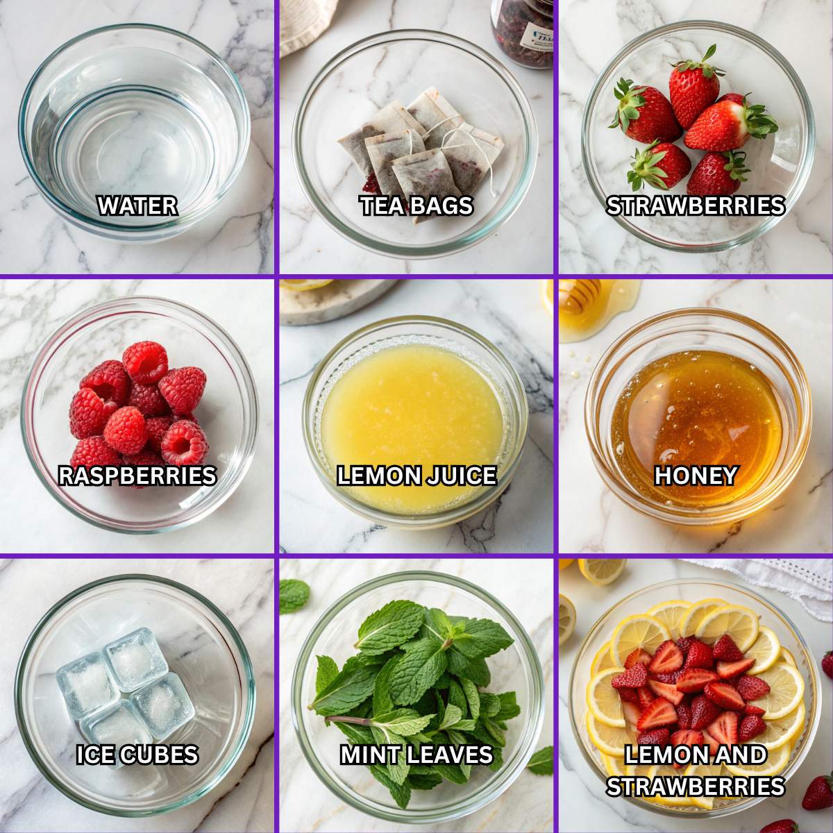 Fresh ingredients for Hibiscus Tea Strawberry Lemonade including water, tea bags, strawberries, and lemon juice arranged on a modern marble surface