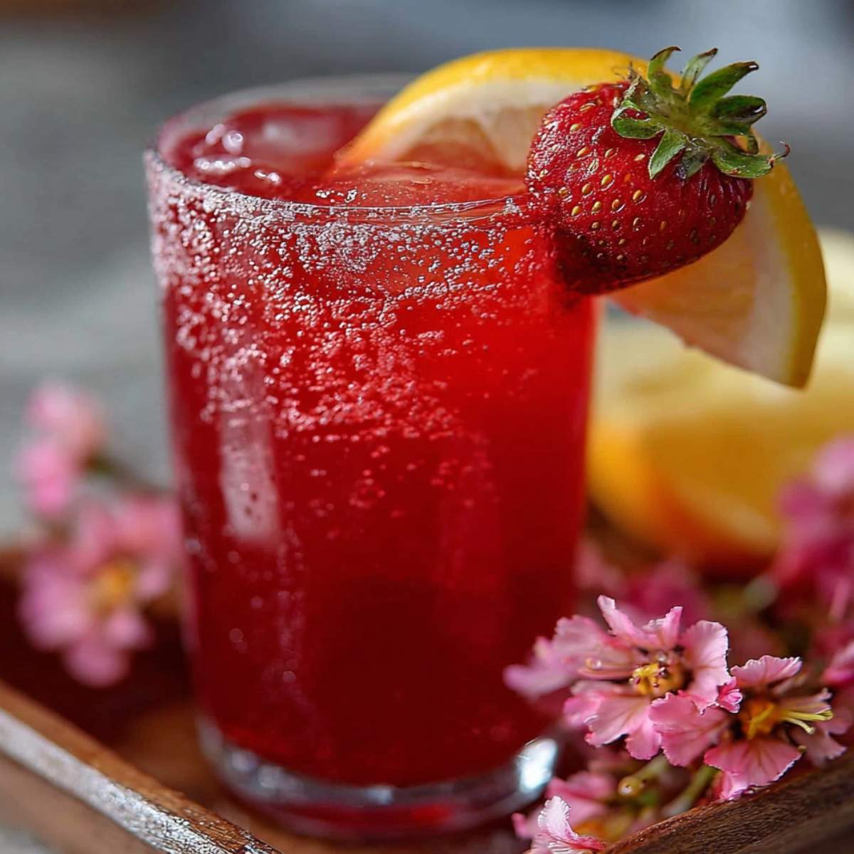 Hibiscus Tea Strawberry Lemonade in a tall glass on a wooden tray, showcasing its vibrant ruby red color and garnished with a fresh strawberry and lemon slice