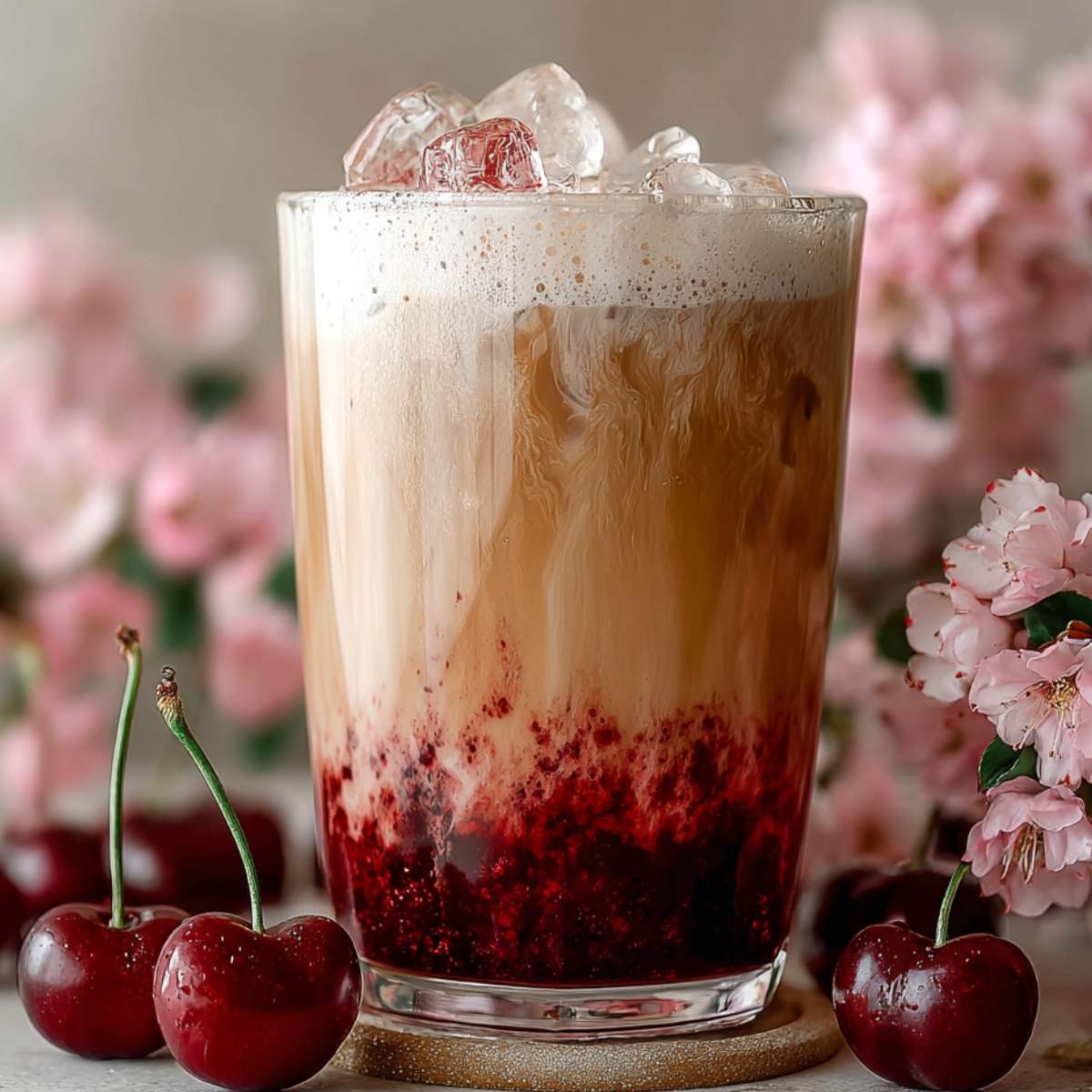 Iced Cherry Chai on a small wooden coaster, showcasing its creamy cherry cold foam and the layered chai base with fresh dark cherries scattered around.