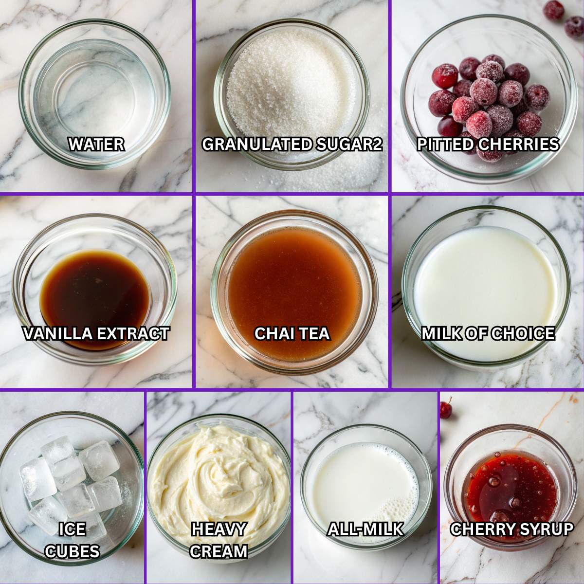Fresh ingredients for Iced Cherry Chai including pitted cherries, chai tea, milk, and heavy cream arranged on a modern marble surface.