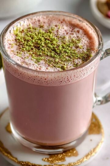 Kashmiri Pink Chai in a clear mug on a modern marble coaster, showcasing its frothy pink color and crushed pistachios.