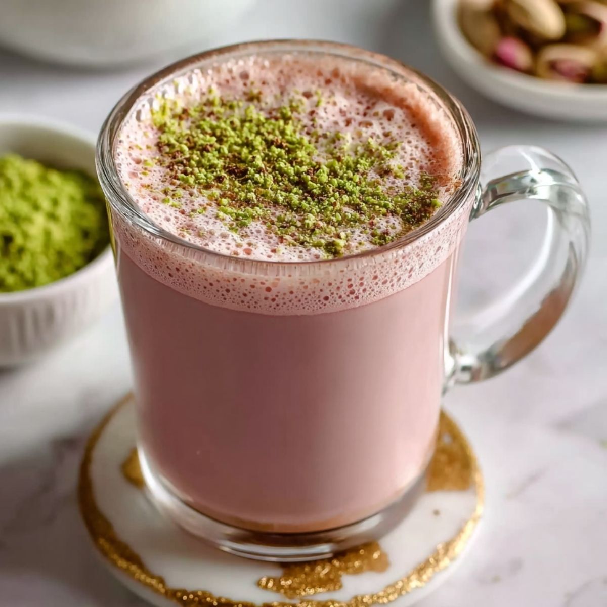 Kashmiri Pink Chai in a clear mug on a modern marble coaster, showcasing its frothy pink color and crushed pistachios.