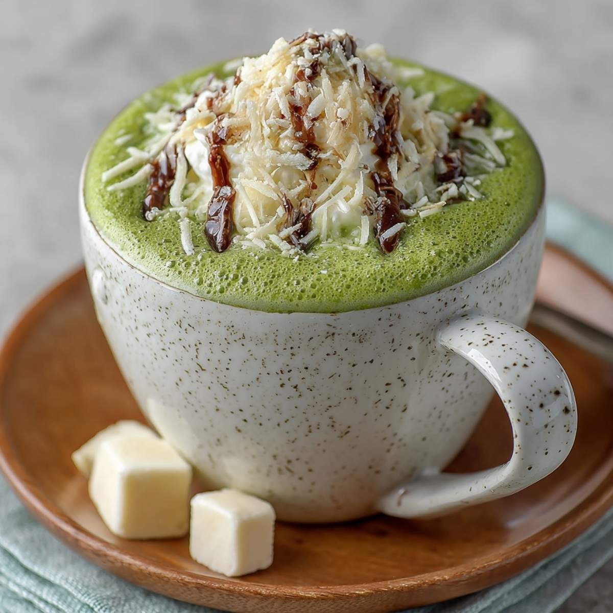 Matcha White Hot Chocolate on a marble surface, showcasing its foamy green top with shredded white chocolate and matcha powder.