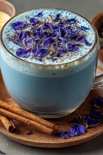 Moon Milk Tea on a modern marble countertop, showcasing its stunning blue color with creamy foam and butterfly pea flowers