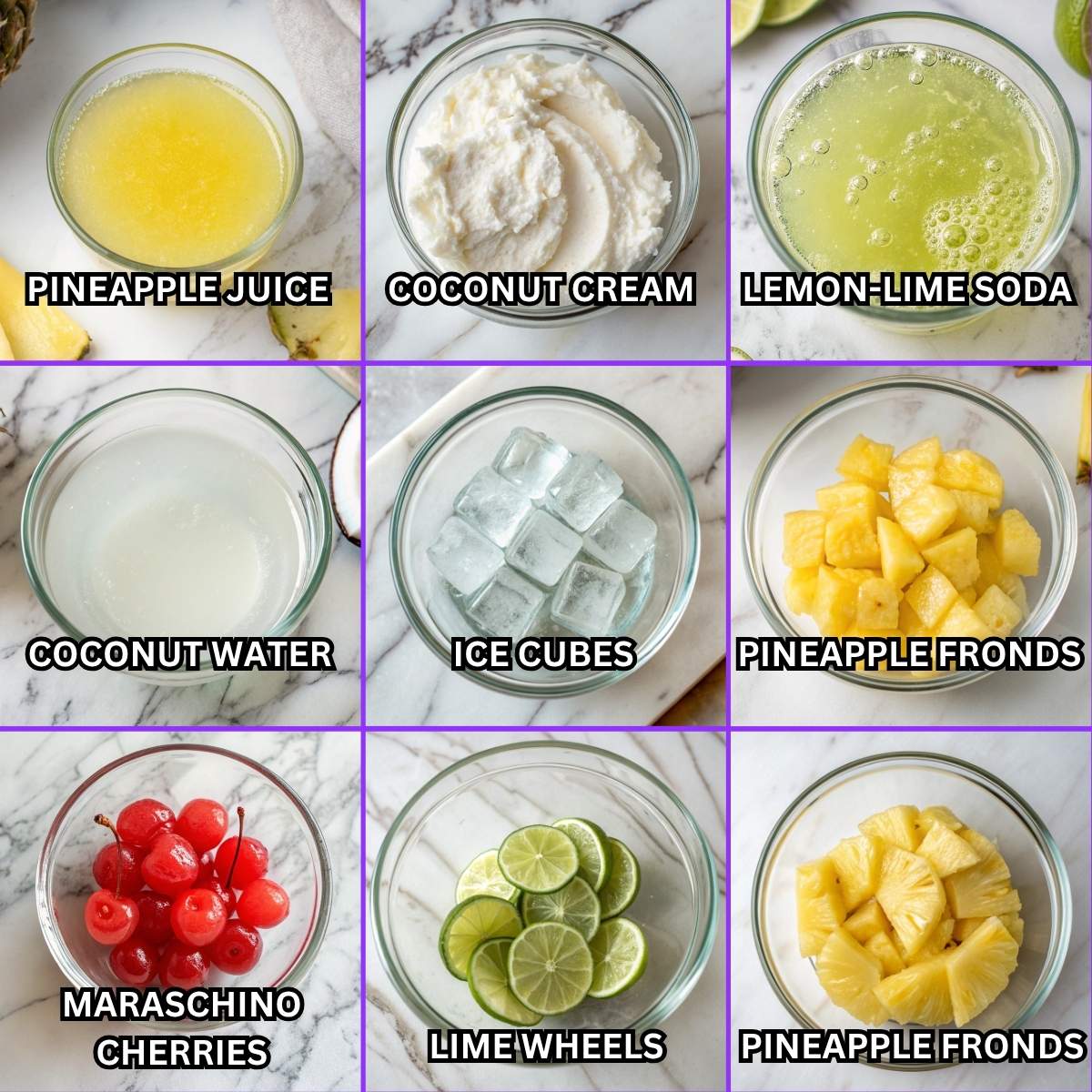 Fresh ingredients for Non Alcoholic Pina Colada Punch including pineapple juice, coconut cream, lemon-lime soda, coconut water, and garnishes.
