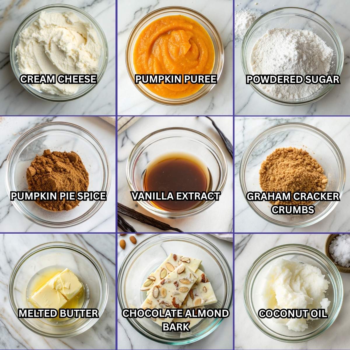 Fresh ingredients for Pumpkin Spice Cheesecake Bites including cream cheese, pumpkin puree, graham cracker crumbs, and white chocolate arranged on a modern marble surface