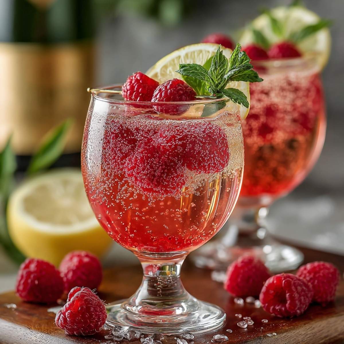 Raspberry Moscato Cocktail on a marble countertop, showcasing its sparkling bubbles, fresh raspberries, and mint garnish with lemon slice