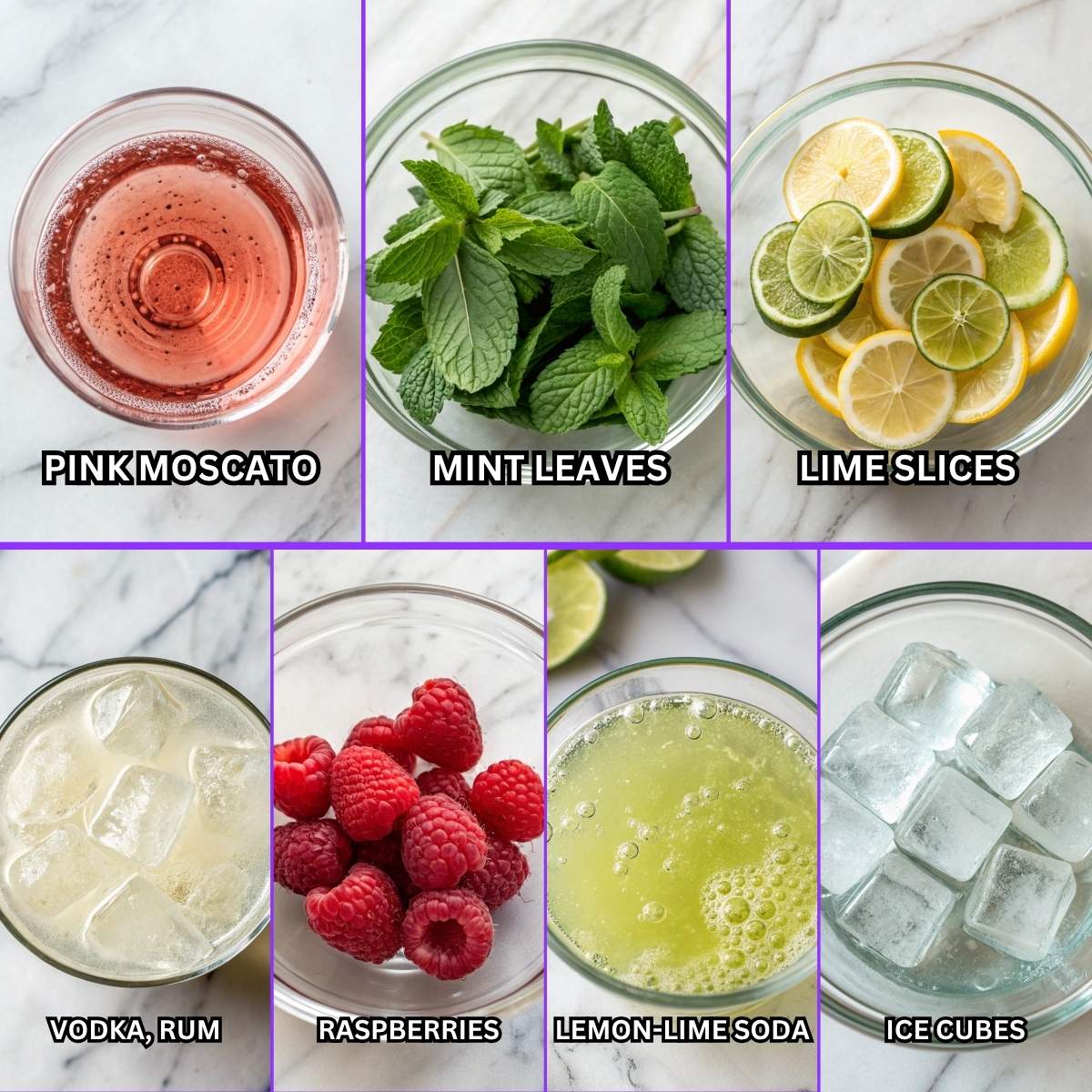 Fresh ingredients for Raspberry Moscato Cocktail including pink Moscato, raspberries, lime slices, and mint leaves arranged on marble surface