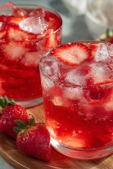 Refreshing Strawberry Iced Tea in two glasses on a wooden board, showcasing fresh strawberry slices and ice cubes