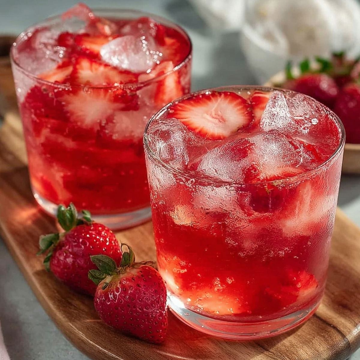 Refreshing Strawberry Iced Tea in two glasses on a wooden board, showcasing fresh strawberry slices and ice cubes
