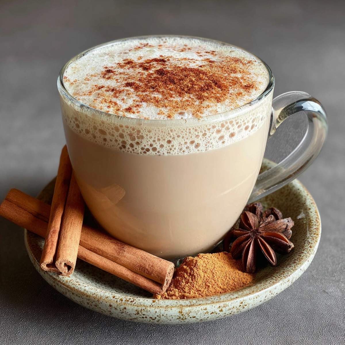 Vanilla Cinnamon Milk Tea on a ceramic saucer, showcasing its frothy cinnamon-dusted top with cinnamon sticks and star anise beside it