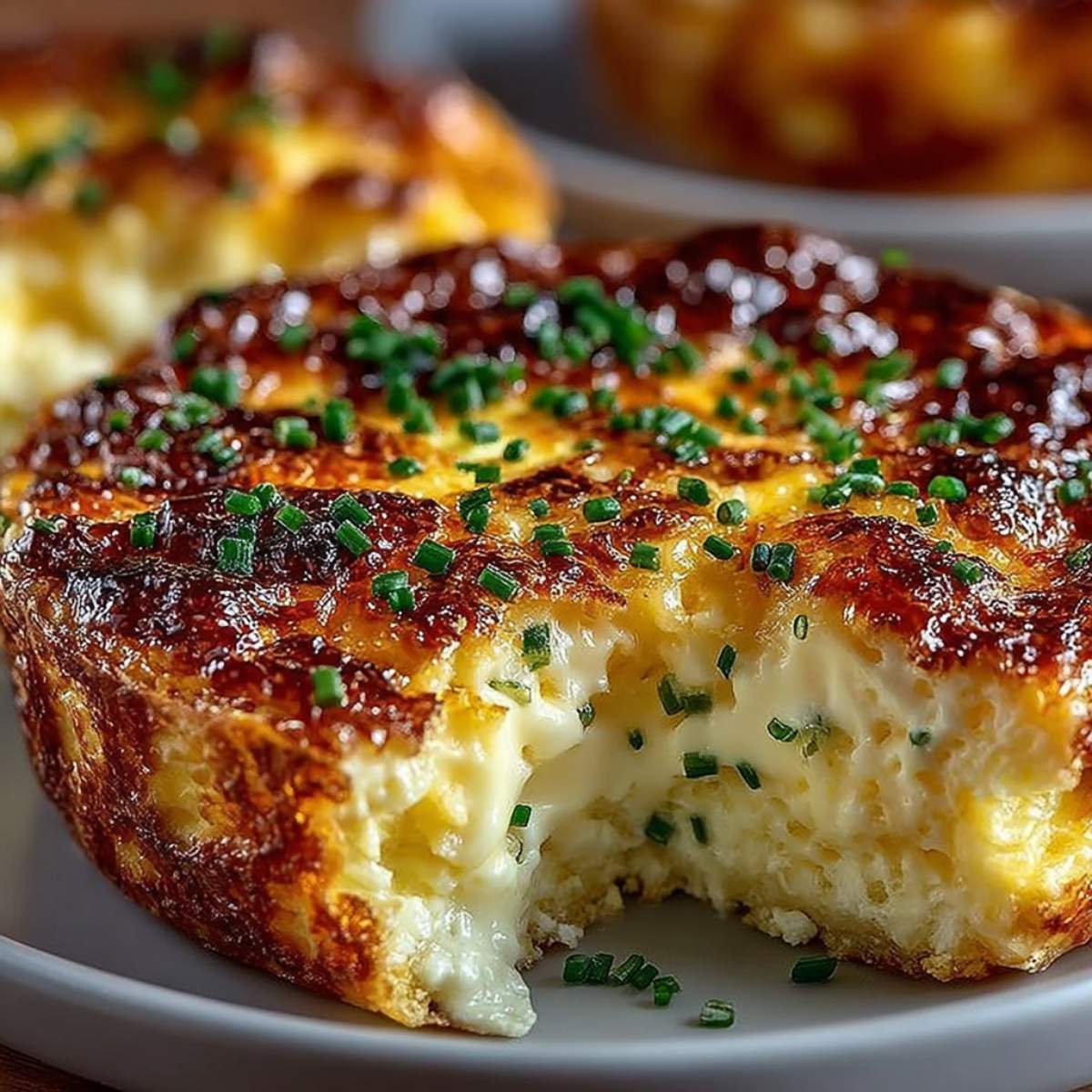 Baked Cottage Cheese Eggs on a modern plate, showcasing a golden bubbly top and creamy fluffy center with fresh chives sprinkled on top.