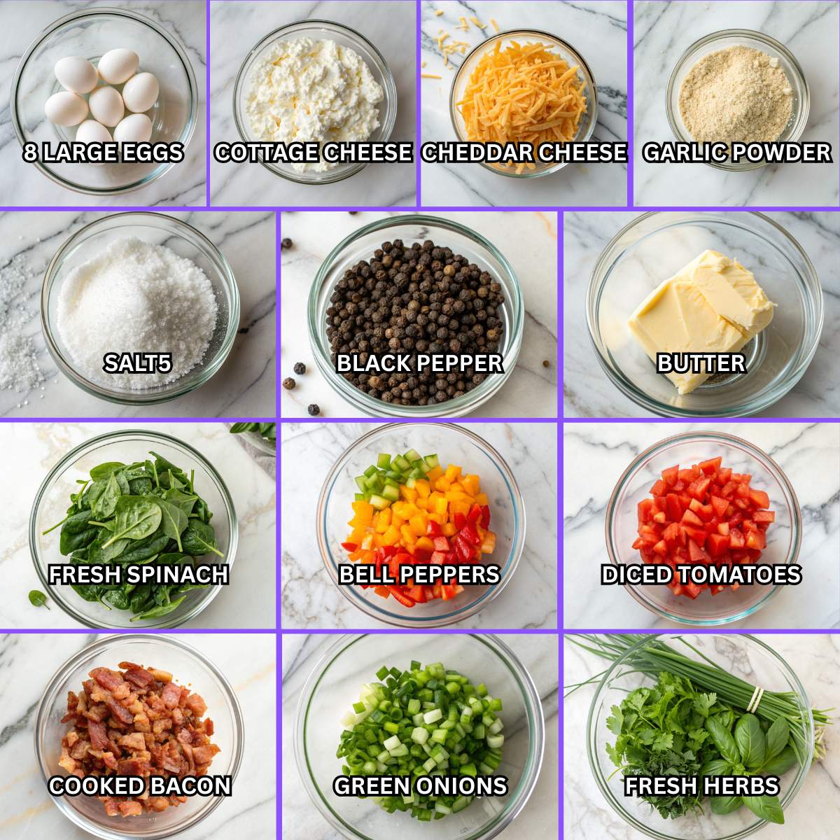 Fresh ingredients for Baked Cottage Cheese Eggs including eggs, cottage cheese, cheddar cheese, spices, and chopped vegetables arranged in bowls.