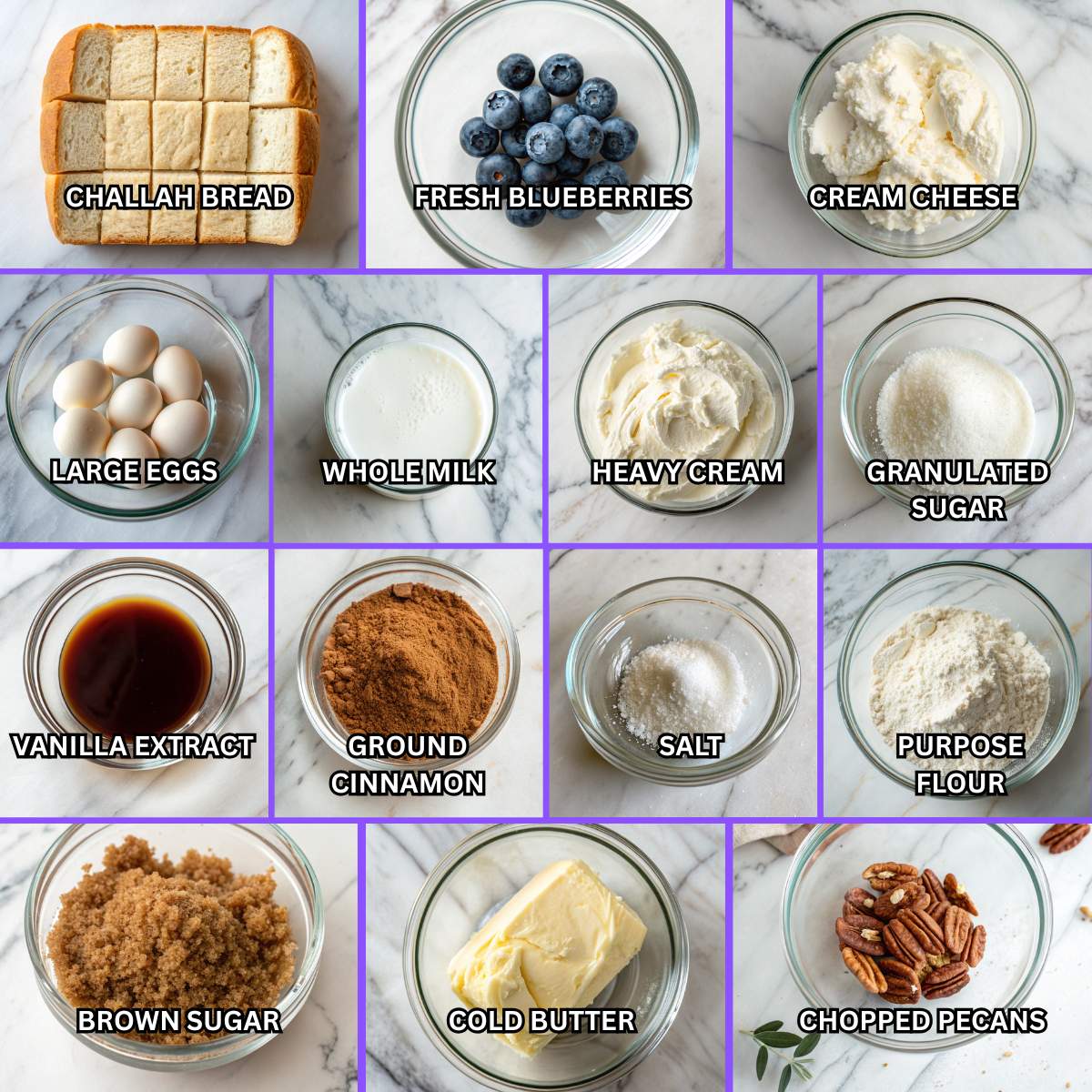 Fresh ingredients for blueberry French toast casserole including brioche bread, blueberries, eggs, milk, cream, and brown sugar.
