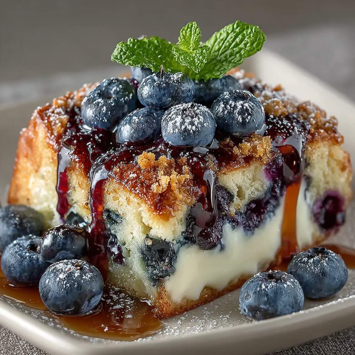 Blueberry French toast casserole on a marble plate with golden streusel topping, fresh blueberries, maple syrup, and mint garnish.