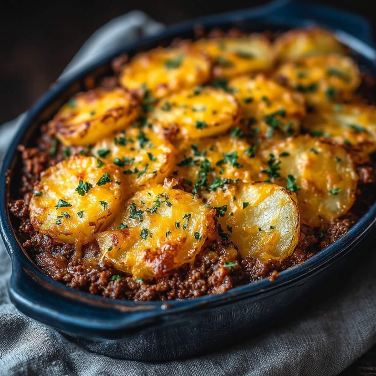 Close-up of Easy Cheesy Ground Beef & Potato Casserole showing golden potatoes, melted cheddar cheese, and seasoned beef.
