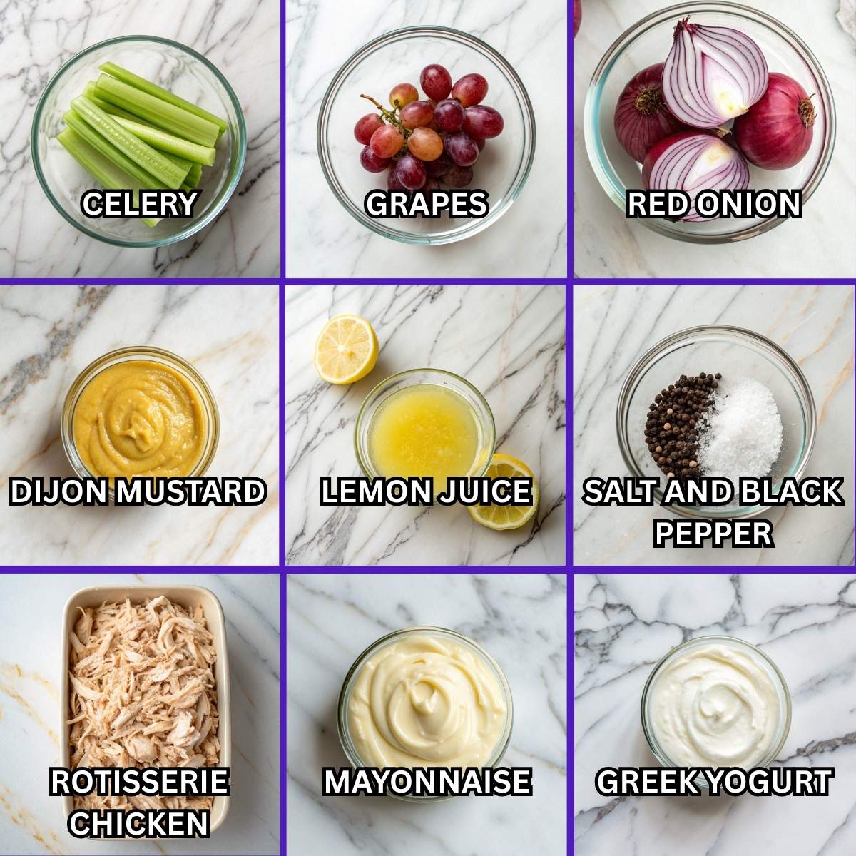 Easy Chicken Salad Recipe ingredients including rotisserie chicken, celery, grapes, red onion, Greek yogurt, mayonnaise, and Dijon mustard.