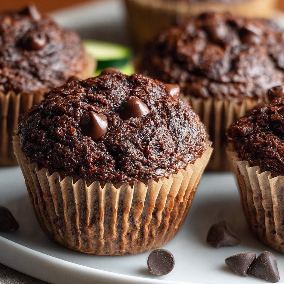 Healthy chocolate zucchini muffins on a white plate, showcasing moist double chocolate tops with melted chips and natural texture.