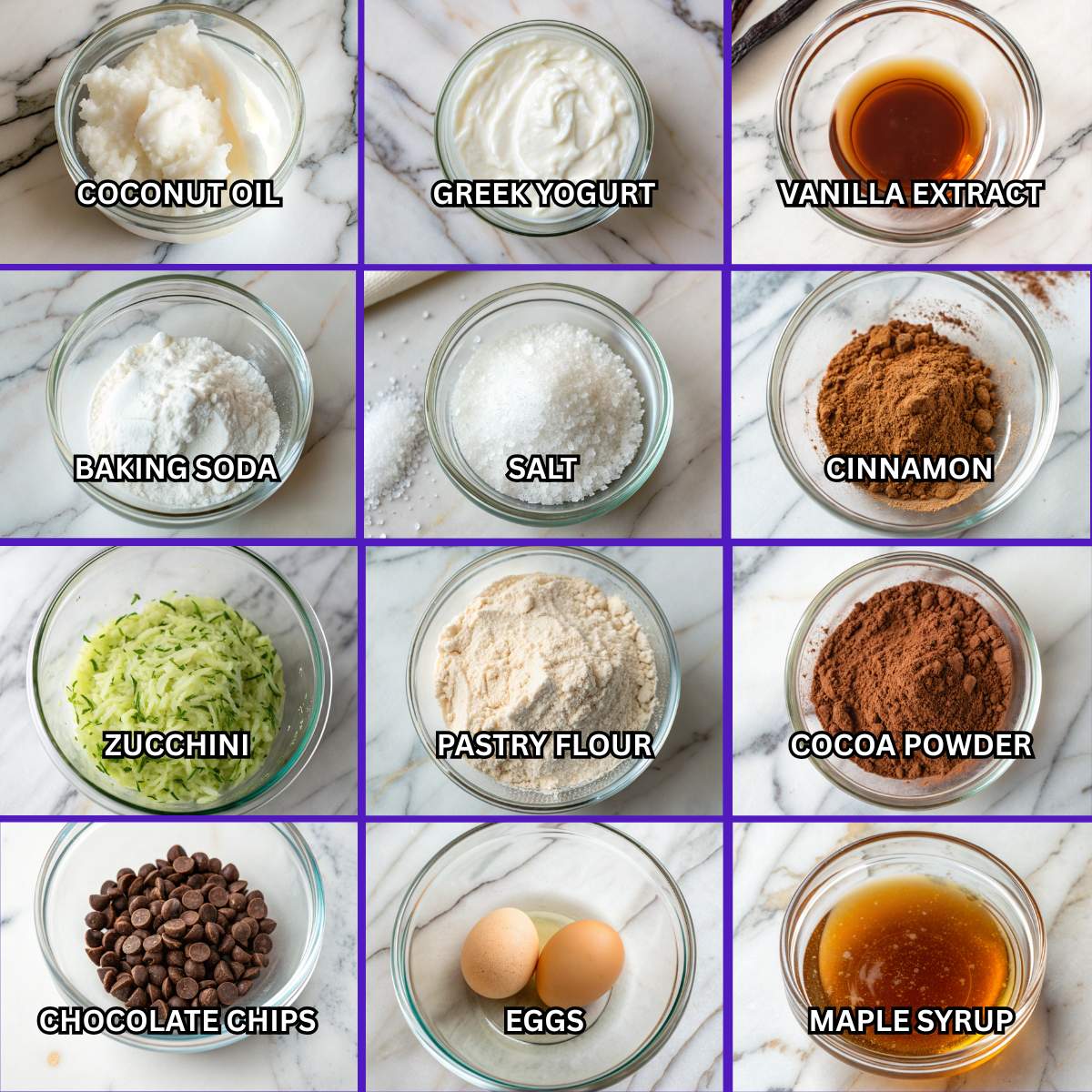 Ingredients for healthy chocolate zucchini muffins including grated zucchini, cocoa powder, eggs, maple syrup, and chocolate chips.