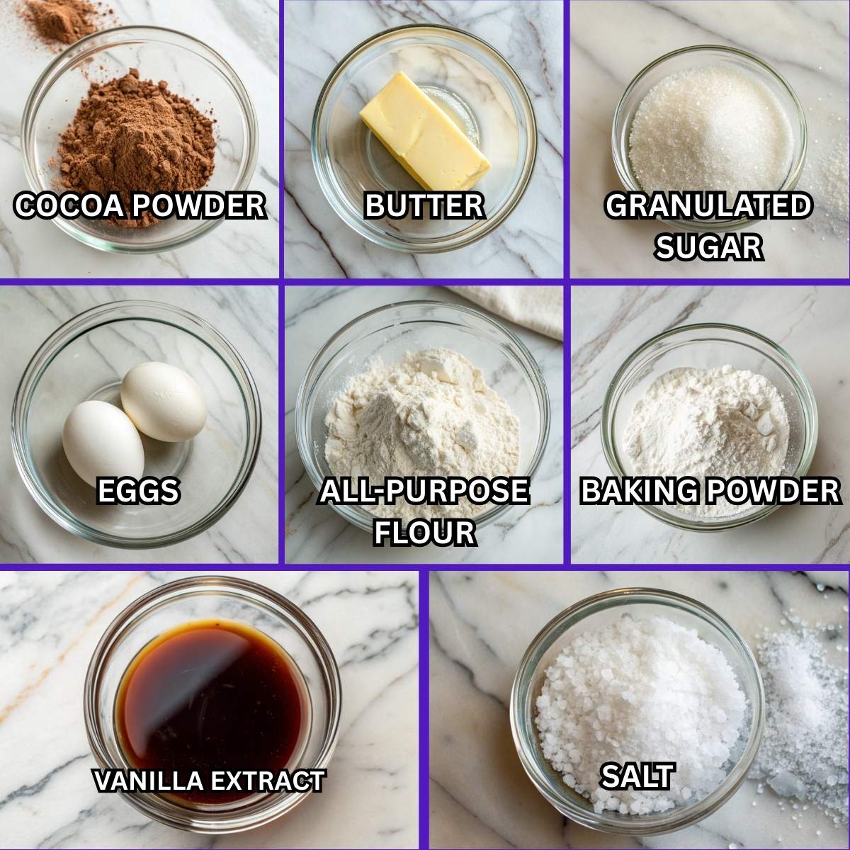 Ingredients for cocoa fudge brownies including cocoa powder, butter, sugar, eggs, flour, baking powder, vanilla extract, and salt.