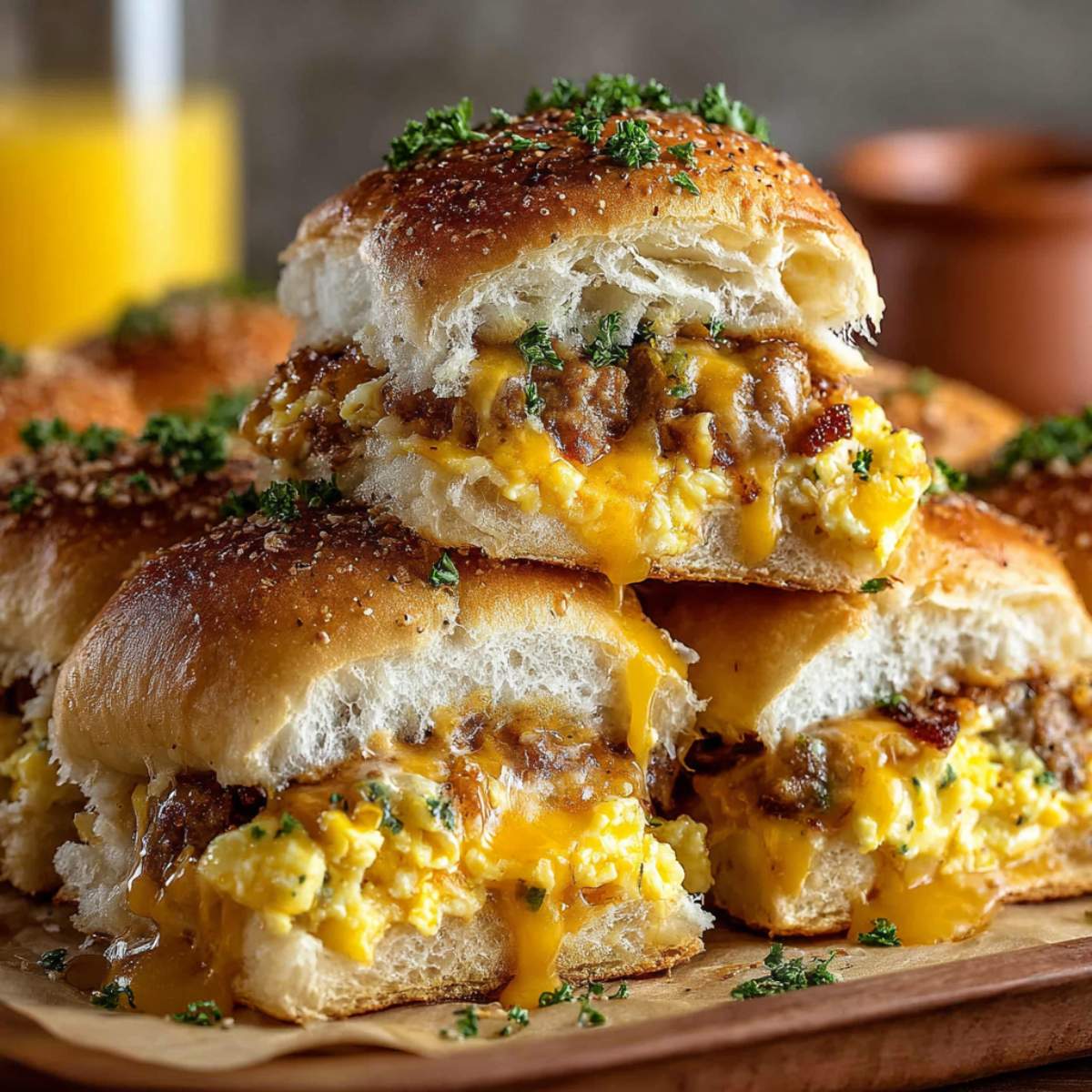 Cowboy Breakfast Sliders on a marble surface, showcasing their cheesy filling with scrambled eggs and sausage spilling naturally from soft rolls.