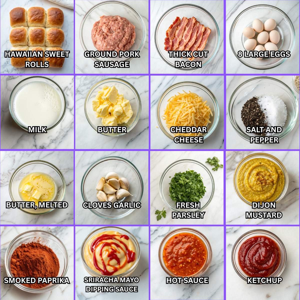 Fresh ingredients for Cowboy Breakfast Sliders including Hawaiian rolls, ground sausage, bacon, eggs, and cheddar cheese on marble surface.