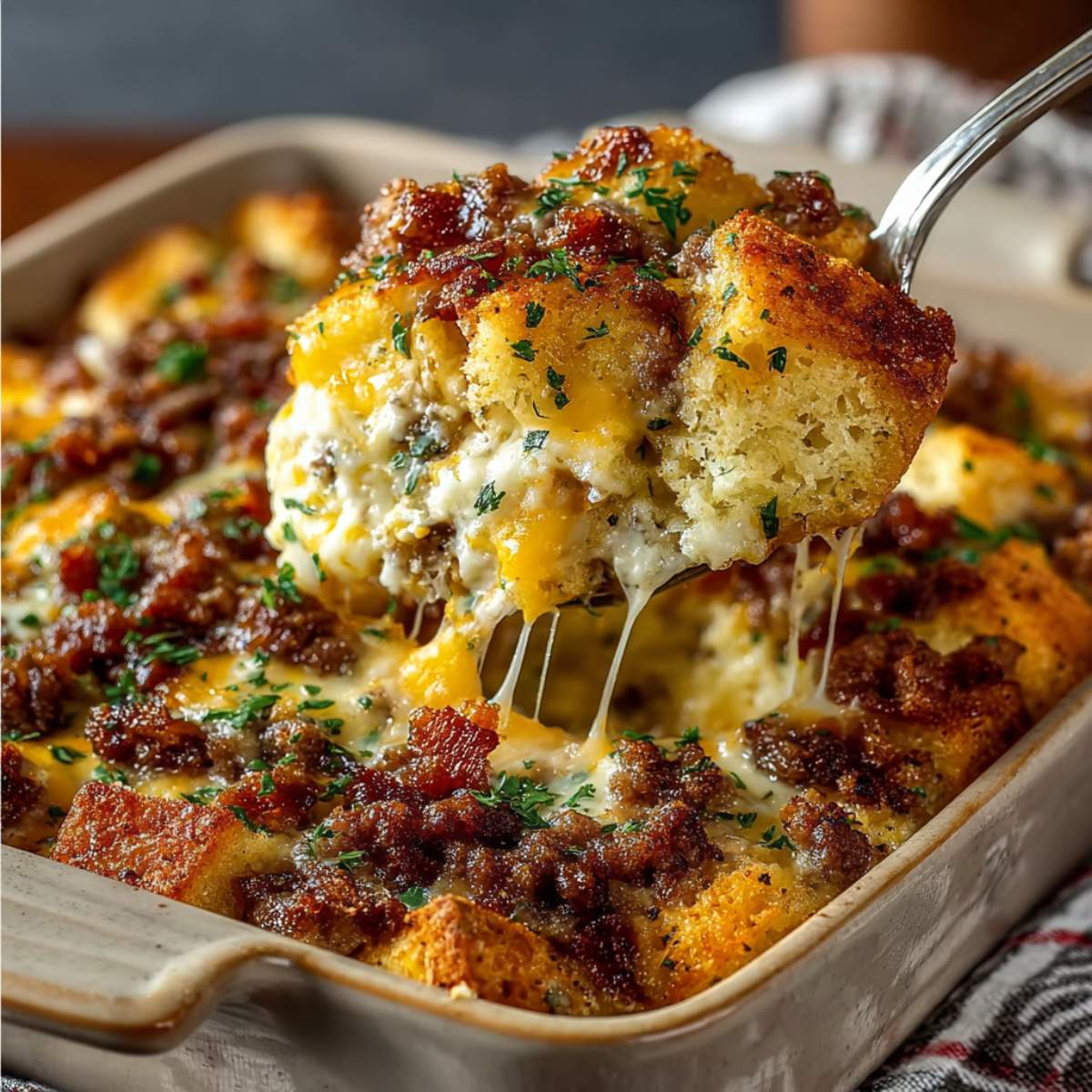 Crack Breakfast Casserole on a modern marble countertop, showcasing its cheesy golden top with crispy bacon and sausage pieces.