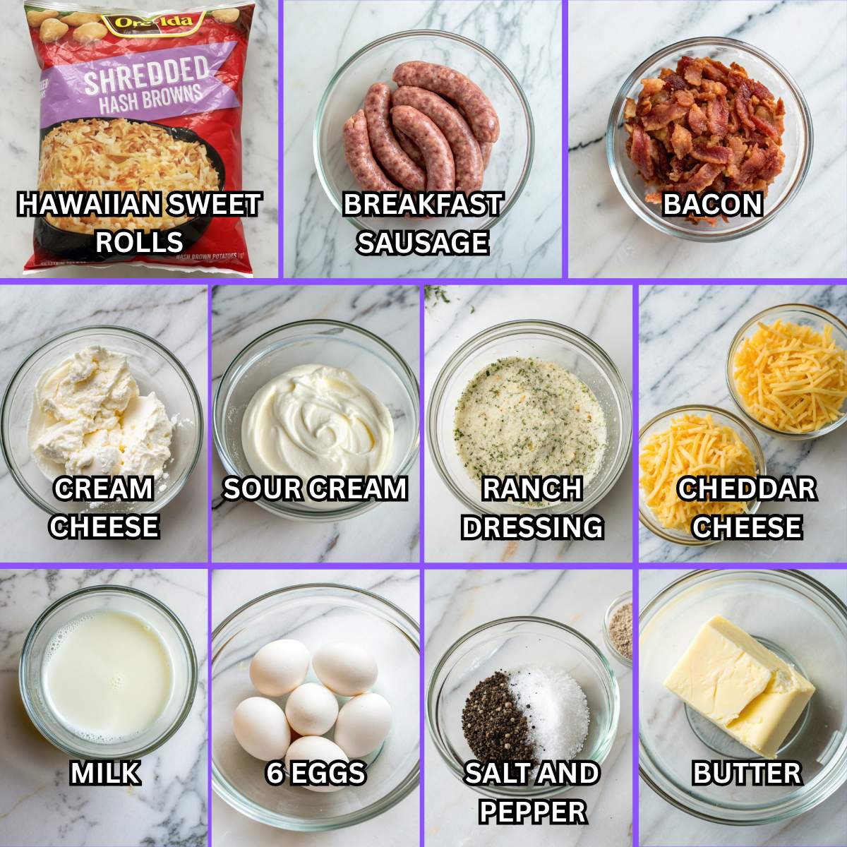 Fresh ingredients for Crack Breakfast Casserole including hashbrowns, breakfast sausage, bacon, cream cheese, eggs, cheddar, and seasonings.