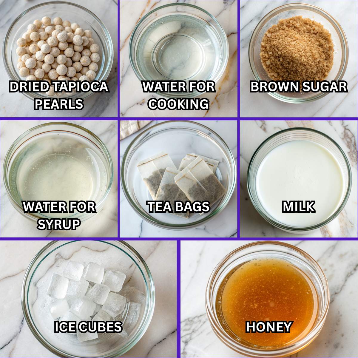 Fresh ingredients for Easy Boba Milk Tea including dried tapioca pearls, brown sugar, tea bags, milk, and ice arranged on marble.