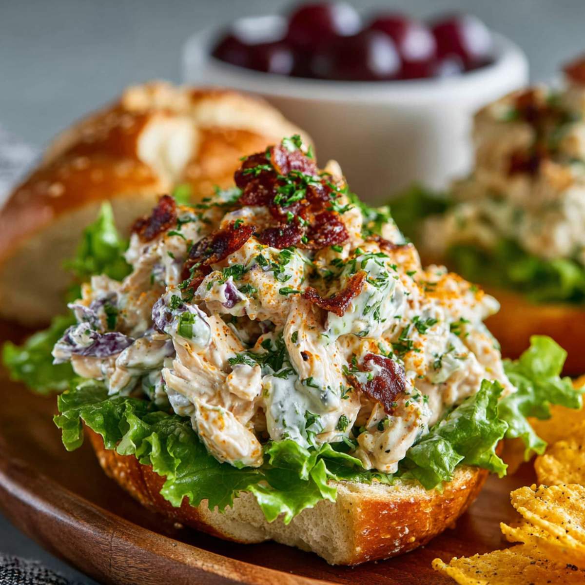 Easy Chicken Salad Recipe served on a toasted bun with lettuce, showcasing creamy chicken, herbs, and crispy bacon pieces.